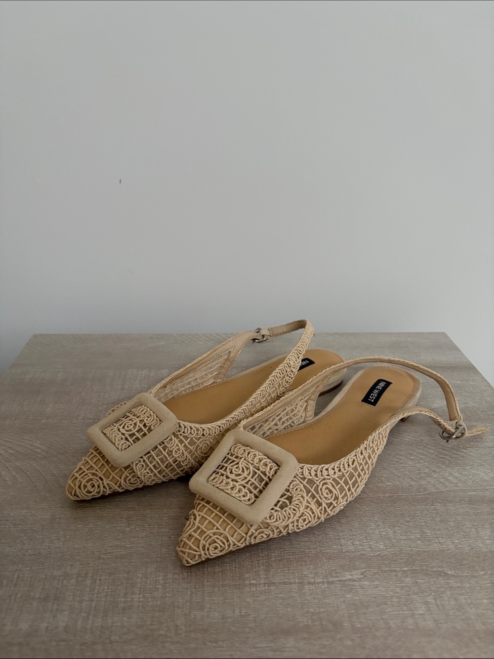 Nine West Beige Woven Pointed Slingback Flats with Buckle